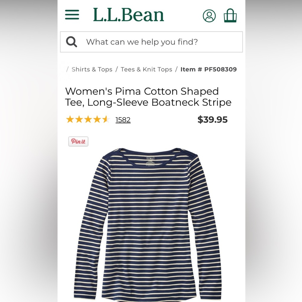 NWT L.L. Bean Womens Longsleeve Pima cotton boatneck tee, navy stripe, small